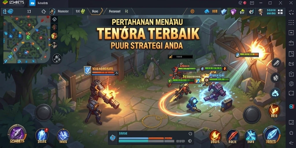 Tangkapan layar menunjukkan serangan menara dalam game 1234BETS Tower Defense.