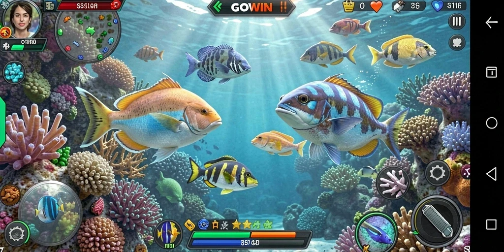 Tampilan gameplay GOWIN saat menembak ikan di bawah laut.
