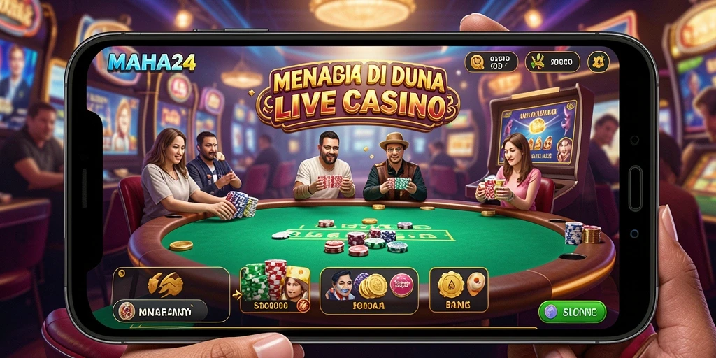 Screenshot MAHA24 menampilkan dealer live dan suasana kasino yang mendebarkan.
