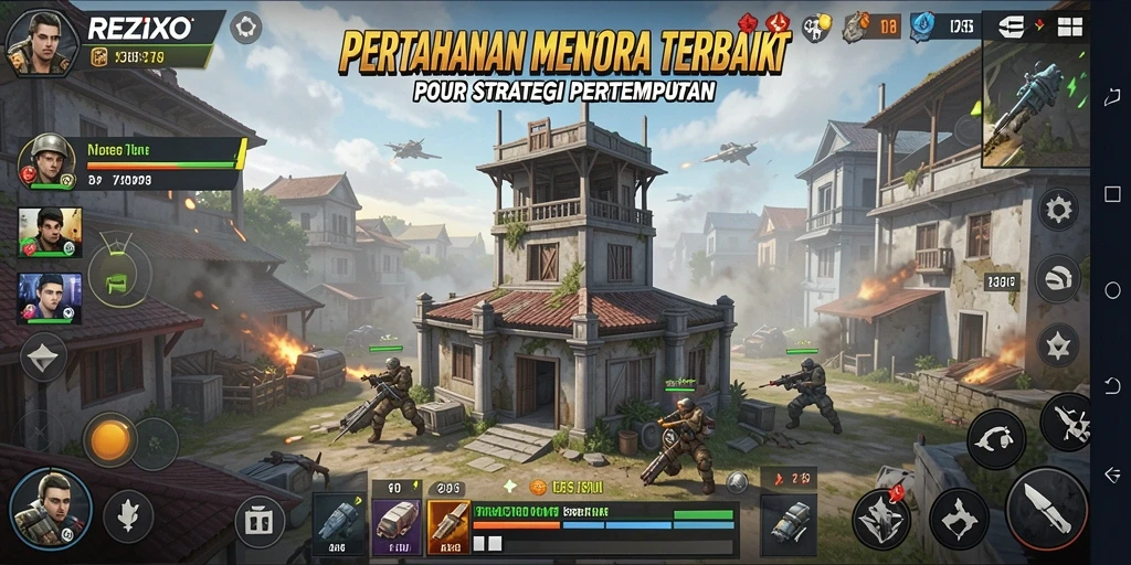 Screenshot dari gameplay <strong>REZIXO</strong> menunjukkan menara yang sedang aktif bertahan dari serangan musuh.