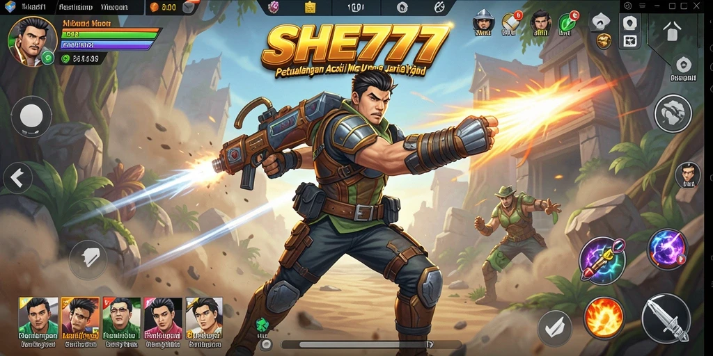 Tangkapan layar gameplay SHE777 yang menampilkan pertarungan seru antara karakter.