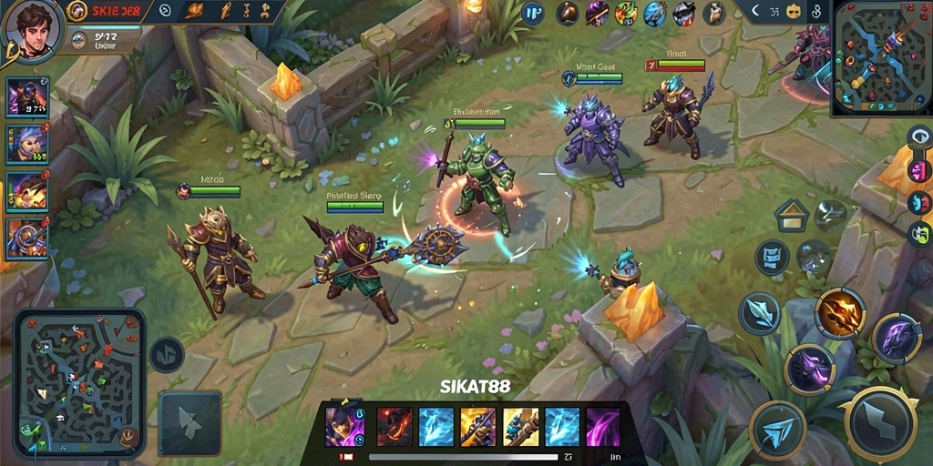 Tangkapan layar SIKAT88 menampilkan aksi gameplay MOBA yang menegangkan.