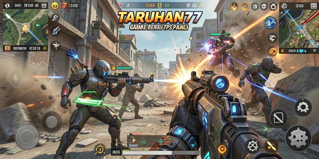 Screenshot gameplay TARUHAN77 menampilkan aksi tembak-menembak yang mendebarkan.