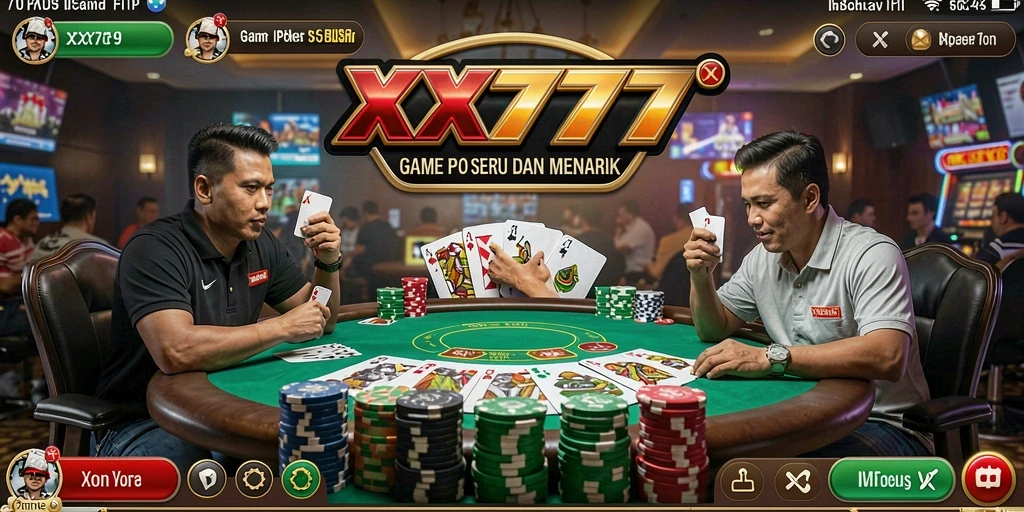 Tampilan gameplay XXX777 menampilkan suasana poker yang menegangkan dan seru.